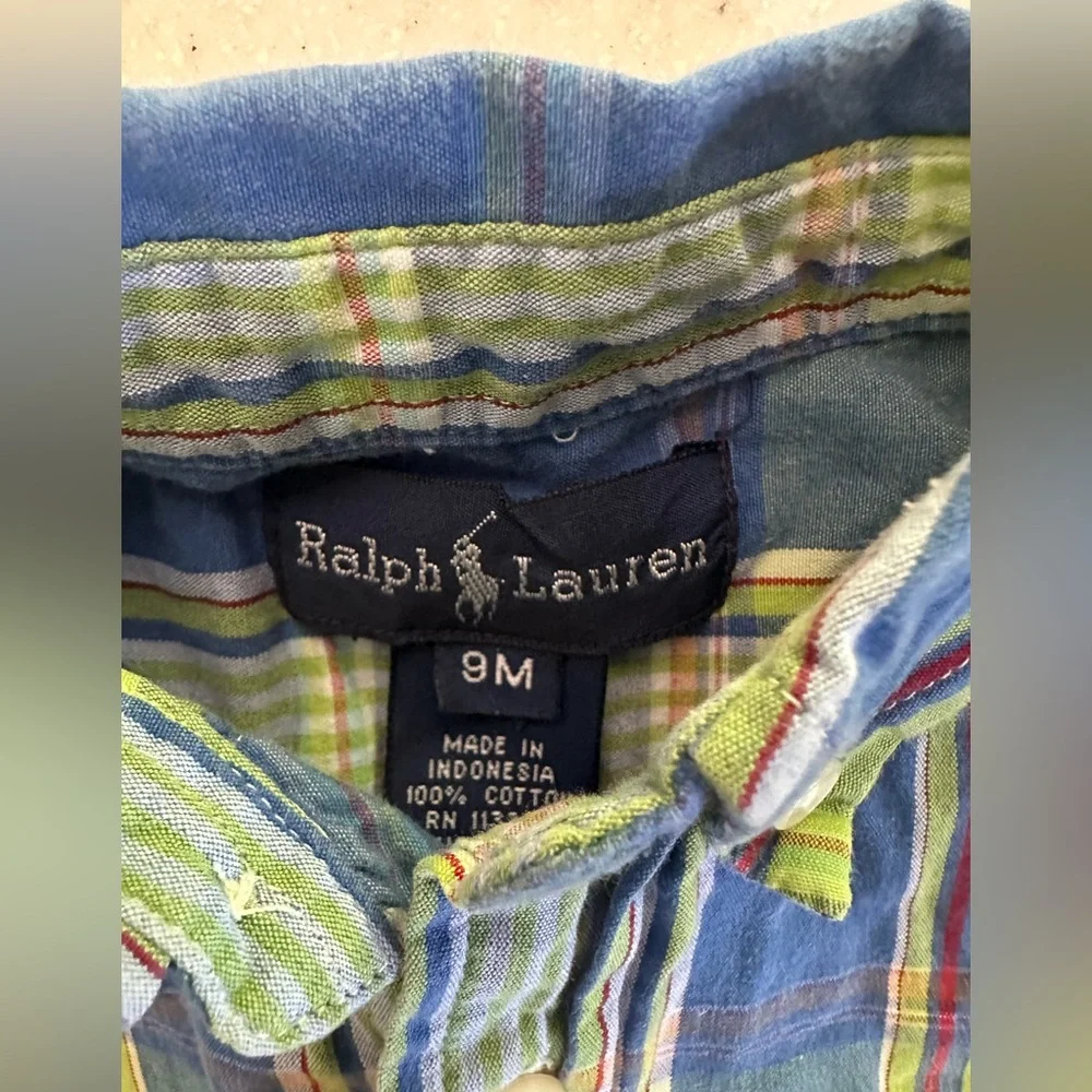 Ralph Lauren Blue & Green Plaid Button Down Shirt. Baby Boy Size 9M. Preppy Cute
